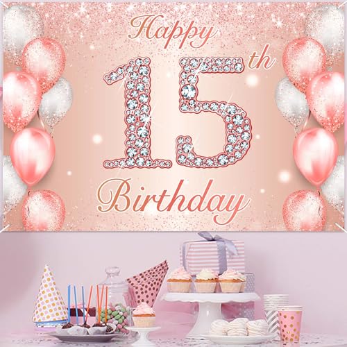 Image of Happy 15th Birthday Rose Gold Banner Cheers to 15 Years Old Backdrop Confetti Balloons Theme Decor for Girls 15 Years Old Pink Birthday Party Decorations Bday Supplies Background Favors Gift Glitter