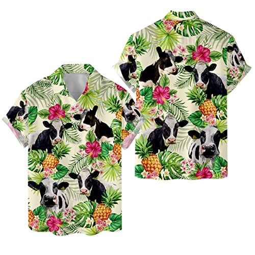 Family Gifts Kingdom Camisas hawaianas de vaca tropical para hombres y mujeres, camisa hawaiana de manga corta con botones para hombre, Holstein 3, L