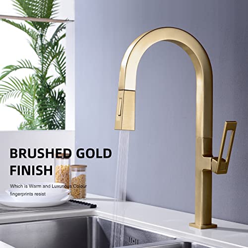 Brushed Gold Kitchen Faucet Square-Shaped Pull Down Sprayer Bar Sink Faucet High Arc Single Handle Single Hole Brass Faucet With Dual Function Pull Out Spray Head #TOP1