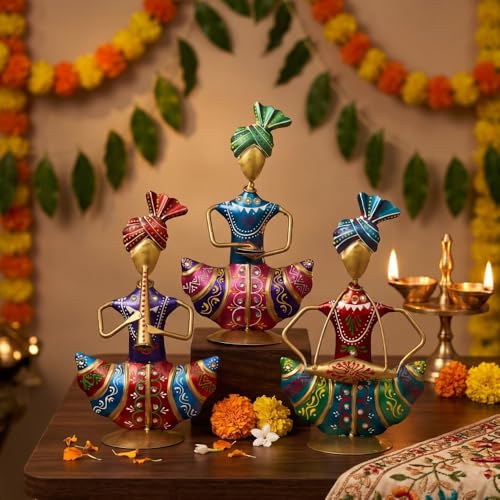 Image of Sitting Rajasthani Mini Sardar Musician Showpiece, Metallic Traditional Table Decor Item for Office Desk, Corporate Bulk Gifting and Home Interior Ornament (2x10x16 cm)