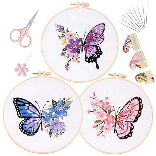 Image of LB Butterfly Embroidery Kit for Beginners Adults, 3 Sets Hand Embroidery Starter Kit with Flower Pattern and Instructions Stamped Cross Stitch Kits Include Embroidery Hoop Needles Threads Scissors