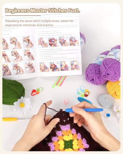 Image of Katech Crochet Blanket Kit - Beginner's Granny Square Blanket, 63'' x 36'' - 32 Yarn Colors & Tutorial