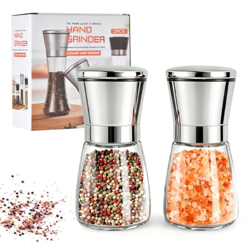 Salt and Pepper Grinder Set, Adjustable Coarseness Manual Mill Grinders, Premium Stainless Steel Salt and Pepper Mills with Glass Body, Refillable for Spices & Seasonings (Spices not Included)