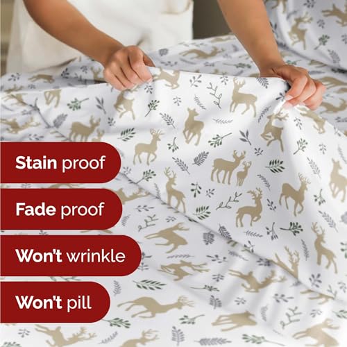 Cal King Christmas Reindeer Sheet Set - Holiday Xmas Pattern Bedding Set - Deep Pockets - Snug Fit - 4 Piece - Wrinkle Free - Cozy Cooling Festive Winter - Holiday Sheets for Women, Men, Kids & Teens