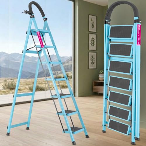 Image of Casa Copenhagen Teal Blue 7 Step Ladder for Home Use with Built-in Tool Tray | Heavy Duty D Shape Rods | Ultra Large Platform | Wide Rubber Feet | 150Kg Capacity Foldable Ladder - 7 Years Warranty