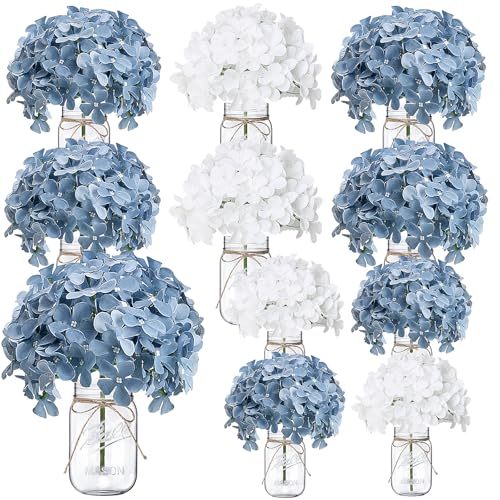 Scawim Mason Jars Flower Centerpieces, 10 Set Blue White Hydrangea Mason Jars Table Centerpieces Decor Glass Flowers Jars for Home Party Wedding Bridal Shower Graduation Boho Decorative