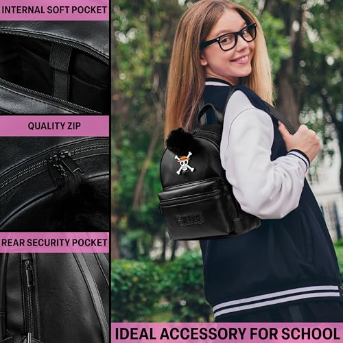 One Piece Mini Backpack for Women Teens Faux Leather Daypack, Small Rucksack, Anime Shoulder Bag with Pom Pom, Travel Gifts for Women4
