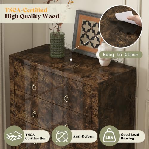 Image of AMERLIFE 49 inch Tall 5 Drawer Dresser with High Gloss Burl Wood Finish, Brown