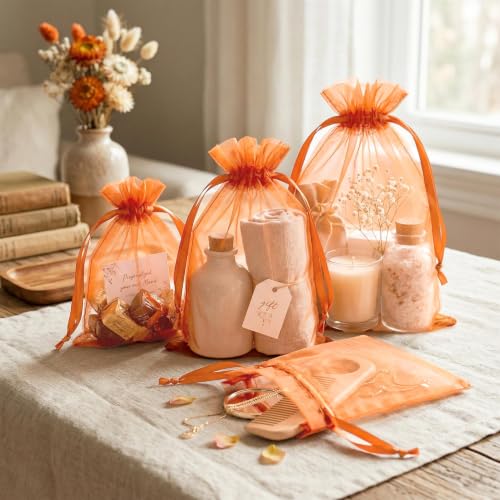 Image of FUNFERY 100PCS Orange Organza Gift Bags 5x7in,Drawstring Pouch for Jewelry