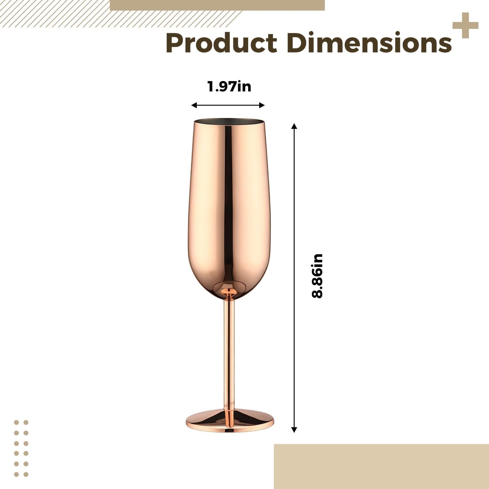 Juego de 2 copas de champán de 8,8 oz (260 ml), copas de boda de acero inoxidable de oro rosa irrompibles, tallo alto Vaso para bebidas