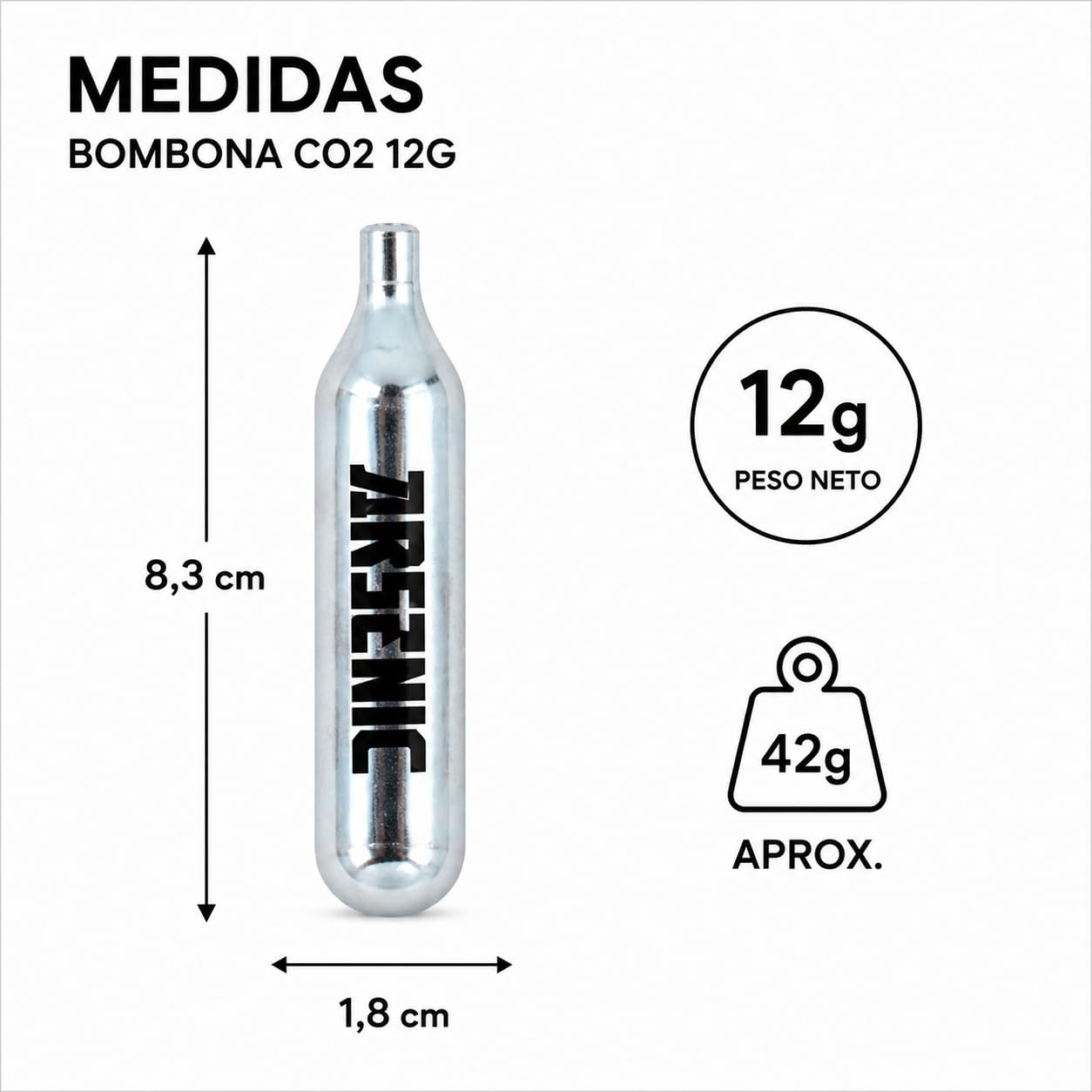 Bombonas CO2 12g Arsenic Plata para Airsoft y Pistolas de Balines, Cartuchos Gas Presurizado
