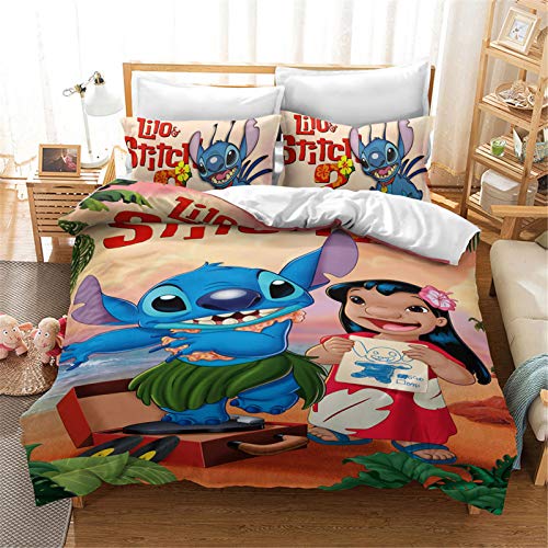 Fgolphd Lilo & Stitch Ropa de cama de anime, funda de almohada con impresión 3D, microfibra de algodón, ropa de cama para niños, niñas, niños (7, 135 x 200 cm) Cover