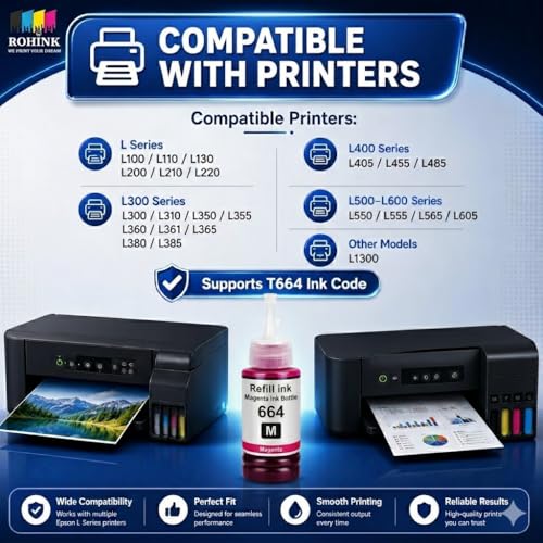 Image of ROHINK T664 Compatible Refill Ink for Epson L130, L360, L380, L361, L565, L210, L220, L310, L350, L355, L605, L1300 Printer (EPSON T664 Magenta Pack 2)
