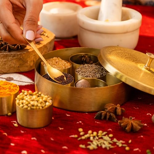 Image of Chutki Brass Masala Box with Spoon | Brass Spice Bowls | Handcrafted Masala Box Organizer | Kitchen Spice Storage Box