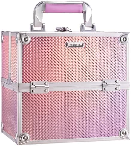 Frenessa Makeup Case Makeup Box Cosmetic Organizer Case Portable Make Up Artist Travel Case Storage Box 4 Trays with Dividers Lockable Hard Train Case Nail Tech Supply Storage Mermaid Pink