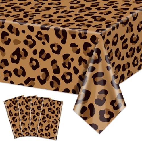 PTECDROTS 4Pcs Leopard Tablecloths Cheetah Table Cloths Safari Animal Print Table Covers for Birthday Safari Baby Shower Jungle Animal Themed Gathering Decorations 51 x 86 inch