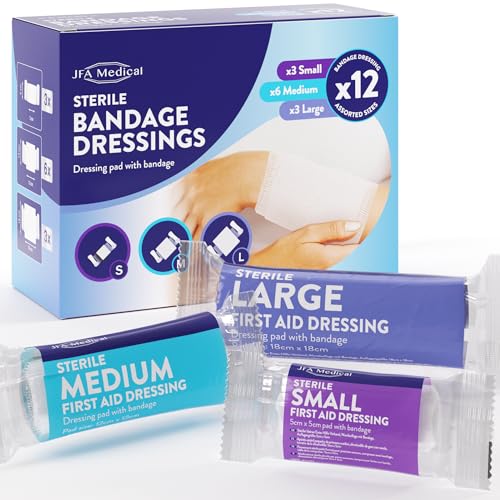 JFA Medical First Aid Sterile Bandage Dressings for Wounds Assorted Sizes Small Medium Large - Pack of 12