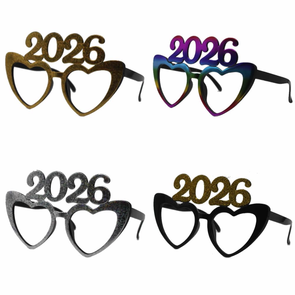 Dusenly 4 Pack 2026 Glasses Happy New Year Eyeglasses Fancy New Year Party Glasses Funny Sunglasses Eyewear for 2026 New Year Party Decorations