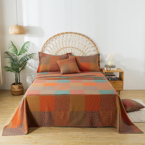 Image of FADFAY Grid Sheets Set King Vintage Checkered Floral Bedding Shabby Geometry Farmhouse Bedding Super Soft Washed Double -Layer Muslin Sheets 100% Cotton Deep Pocket Fitted Sheet 4Pcs, King Size