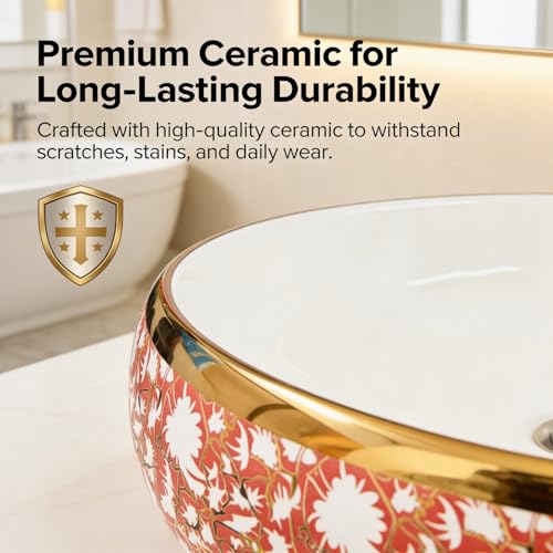 Image of Wallace Designer Oval Table Top Wash Basin 60x40x15 cm | Red & White Floral Pattern with Gold Rim | Premium Ceramic Countertop Vessel Sink | Luxury Above Counter Bathroom Basin