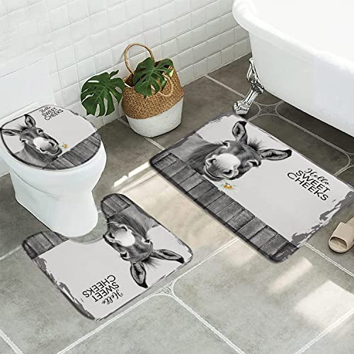 3pcs Farmhouse Donkey Bathroom Sets with Non-Slip Rug,Toilet Lid Cover and Bath Mat,Funny Rustic Grey Animal Horse Daisy Western Barn Country Wooden Fence Country Bathroom Carpet Bath Mat Toilet Rugs