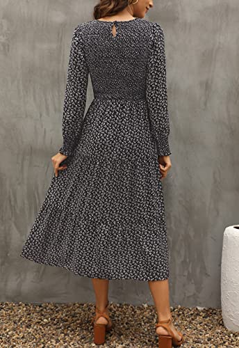 Zattcas Womens Fall Dresses 2025 Casual Long Sleeve Smocked Boho Floral Tiered Midi Wedding Guest Dress with Pockets3