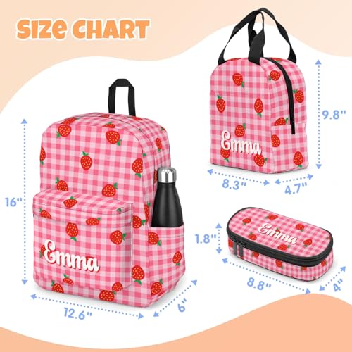Personalized Strawberry Backpack for School, Cute Fruit Pattern Printed Kids School Bag Pink Bookbag Backpack Set with Lunch Bag Pencil Case3