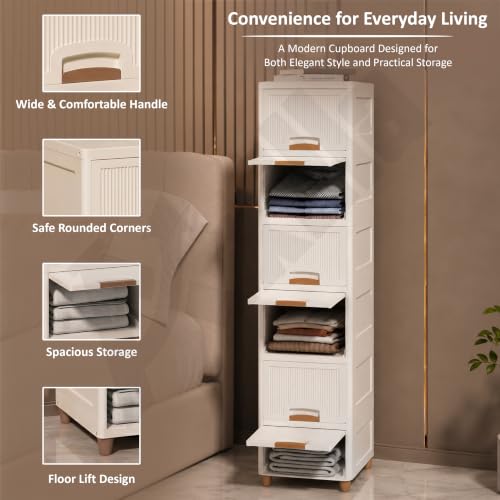 Image of 6 Tier Foldable Wardrobe Organizer for Clothes | Multipurpose Closet Storage Rack | Kid Wardrobe for Cloth & Toys | Stackable Cabinet | Space Saving Almirah for Living Room & Home (Ivory)