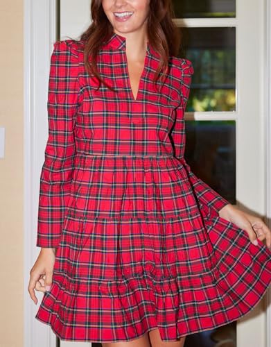 Women's Plaid Print Tunic Dress Long Sleeve V Neck Loose Shirt Dress Ruffle Hem Casual Swing Babydoll Dress3