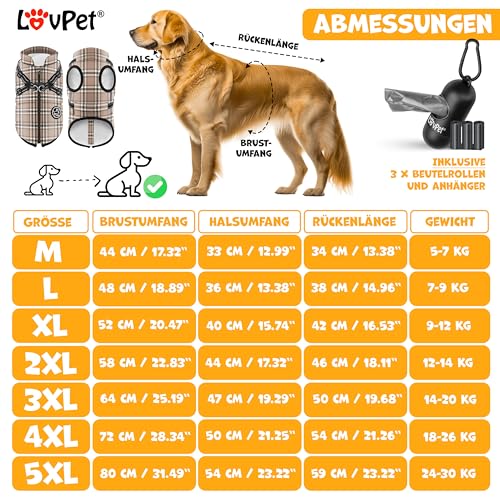 LOVPET® Hundejacke Hundemantel mit Geschirr, inkl. 45 Stück Kotbeutel + Spender, Hunde Winterweste gefüttert wasserdicht, Gepolsterte Weste Mit Brustgurt, Reflektoren, D-Ring XL, Beige
