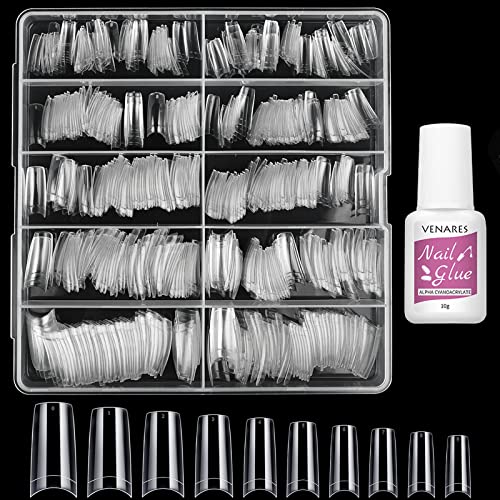 Venares 500 Piezas de Uñas Postizas Acrílicas - 10 Tamaños de Kit Uñas Postizas con Pegamento, Kit de Uñas Artificiales Acrílicas Francesas (with Box), de Uñas Postizas Para Bricolaje y Salón de Uñas