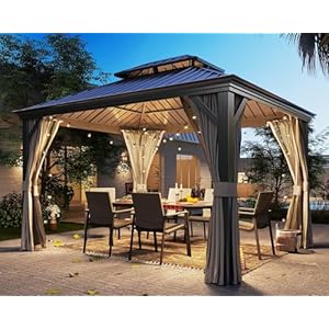 LAUSAINT HOME 10'x12' Hardtop Gazebo with Nettings and Curtains, Waterproof Permanent Heavy Duty Double Hard Roofs Gazebos with Brown Aluminum Frame for Lawn, Party LAUSAINT HOME 10×12 Hardtop Gazebo with Nettings and Curtains Waterproof Permanent Heavy Duty Double Hard Roofs Gazebos with Brown Aluminum Frame for Lawn Party