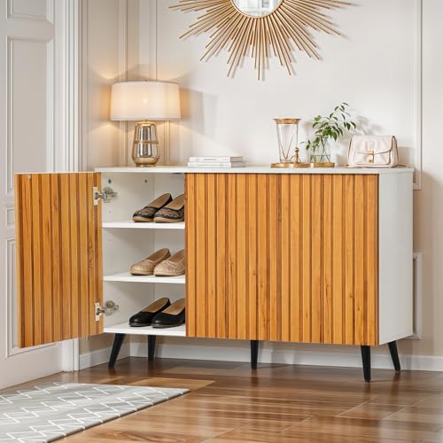 Image of ABOUT SPACE Shoe Cabinet - 3 Tier Shoe Rack with Door | Press Open 3 Door Engineered Wood Shoes Stand for Home | Smooth Non-Fluted-Effect Adjustable Shelf Raised Legs, 15 Pair |White & Teak