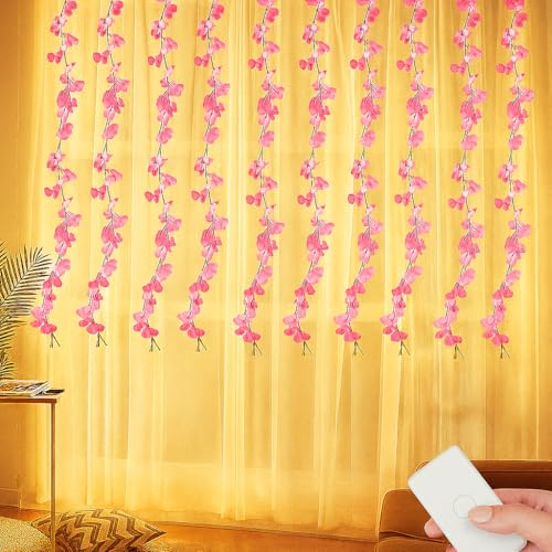 Image of Gesto Pink Artificial Flower Curtain LED String Lights - 200 LED Warm White Fairy Lights with 8 Modes | AC Plug Mesh Curtain Lights for Balcony, Bedroom,Home,Diwali Decoration Hanging Lights (10x3 Ft)