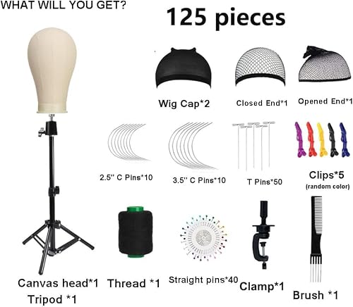 Foto von SZCY LLC 23 Inch Canvas Block Wig Head, Wig Stand Tripod with Head, Mannequin Head for Wigs, Manikin Canvas Head Block Set for Wigs Making Display with Wig Caps, T Pins C Pins Set Bristle Brush