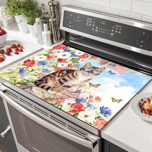 Image of HOMETITUTE Spring Stove Top Cover 28x20 Cat Floral Watercolor Heat Resistant