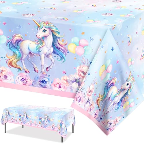 PHOGARY 2 PCS Unicorn Tablecloth for Unicorn Birthday Decorations Rainbow Tablecloth Disposable Rectangle Plastic Pastel Table Cloths for Parties Baby Shower Birthday Decorations 51 X 86