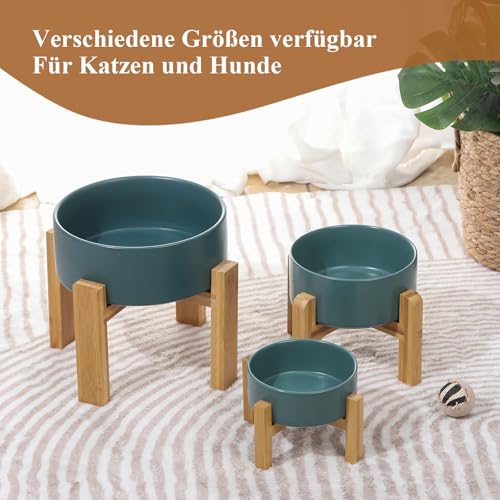 Erhöhter Futternapf aus Keramik für Katzen - Katzennapf mit Napfständer aus Holz und rutschfesten Füßen - Fressnapf aus Keramik für Katzen und Welpen - Für Futter und Wasser - 400 ml - Weiß