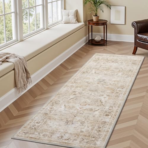 AMOAMI-2X6 Runner Rug-Washable Runners for Hallways-Soft Non Slip Bedside Rugs for Bedroom-Vintage Long Rug for Hallways Entryway Laundry Room Stair Kitchen Bathroom Beige Beige 2' x 6' (Rec