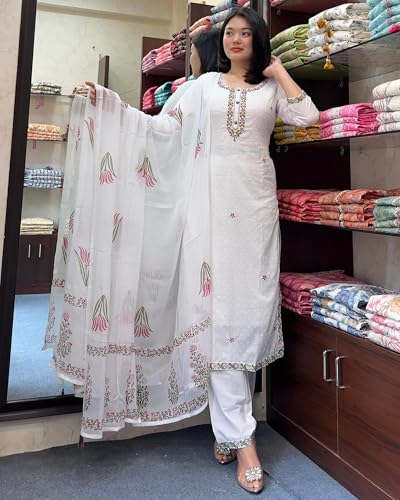 Image of Women's Embroidery Work Georgette Fabric Kurti With Pant & Dupatta | Round Neck & 3 /4 Sleeve | Lightweight & Breathable Fabric-WHITE