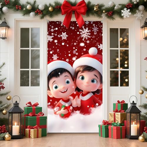 Christmas Door Cover Santa Claus Snowman Christmas Tree Wreath Banner Winter Holiday Decor for Front Door Photo Background Home Party 70.9 x 35.4 Inch