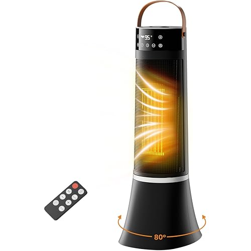 Space Heaters for Indoor Use, 24" Portable Room Electric Heater with Thermostat and Remote, 12ft/s, 12H Timer, 1500W Tower PTC Ceramic Fast Safety Heat for Office Bathroom Bedroom Home