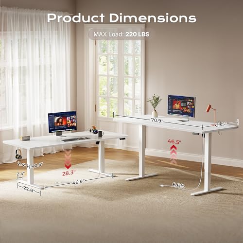 Image of Huuger 71 X 30 Inch Electric Standing Desk with Power Outlets and USB-C Port, Height Adjustable Desk, Sit Stand Desk for Home Office, Computer & Gaming Desk with 4 Presets, Stable Steel Frame, White