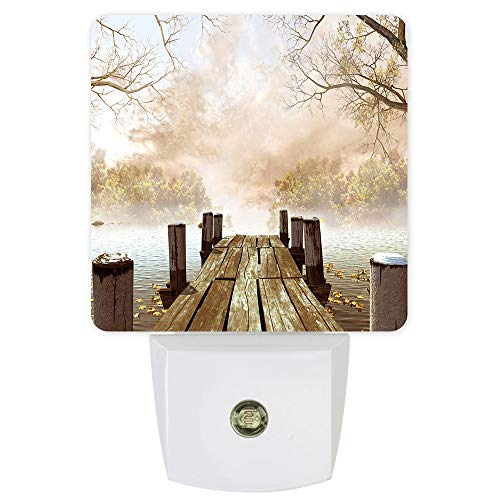 Nightlight Plug in LED Lights for Bedroom, Rustic Wooden Bridge Seasons Lake Forest Night Lights Plug into Wall with Light Sensors Room Decor for Nursery Children Kids Boys Girls