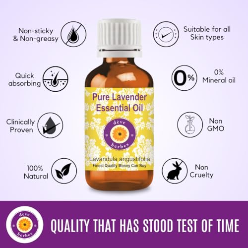 Image of Deve Herbes Lavender Essential Oil (Lavandula angustifolia) Pure | Non-Sticky | Non-greasy | Lightweight | Men & Women | All Skin Types | Steam Distilled 15ml