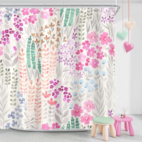 Image of MAYZUS Hot Pink Cute Floral Shower Curtain, Colorful Plant Leaves Watercolor Flower Fabric Shower Curtain, Boho Funky Wildflower Shower Curtain Set, Cottagecore Bohemian Bathroom Decor, 72x72