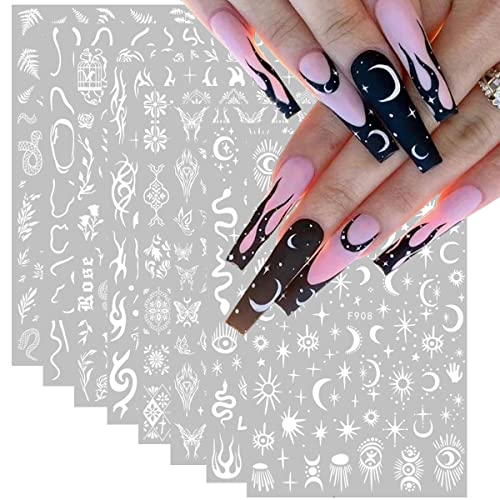 8 Sheets White Nail Art Stickers 3D Gothic Nail Decals Designer Nail Art Supplies Goth Snake Moon Star Rose Leaf Flame Butterfly Lines Nail Stickers for Acrylic Nail Charms DIY Nail Decoration Designs