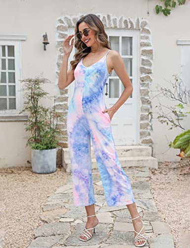 Amilia Women's Spaghetti Strap V Neck Loose Tie Dye Cami Top Stretchy Jumpsuit Long Romper Catsuit With Pockets #TOP3