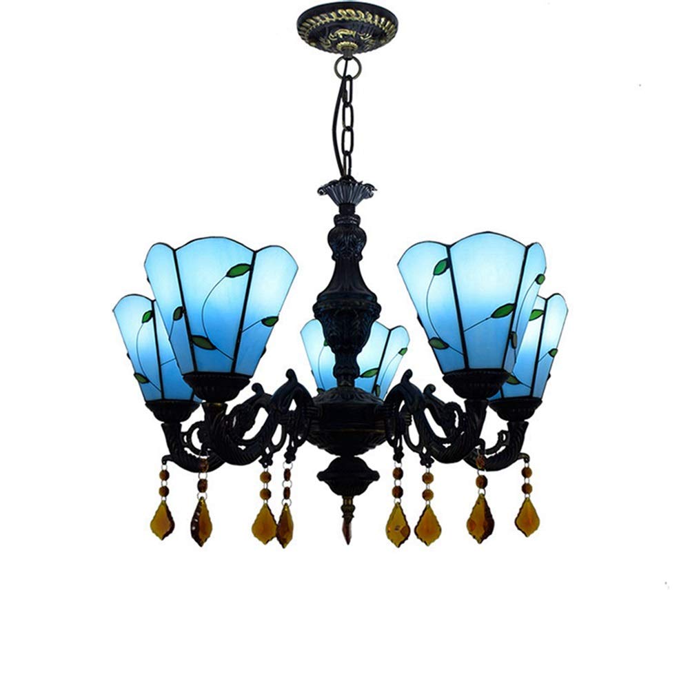 CENAP Tiffany Glass Chandelier 24 Inch Tiffany 5 Head Vintage Glass Pendant Light Mediterranean Blue Pendant Light Bar Restaurant Pendant Light