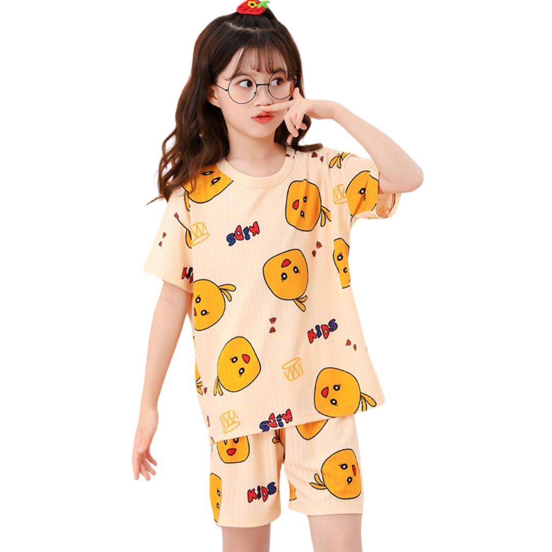 Cute Cartoon Orange Print Summer Pyjama Set, Cotton Blend Short Sleeve T-Shirt and Shorts, Cream Colour Loungewear for Women-image-36